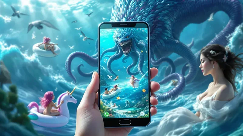 Adegan target ikan dan efek cahaya dalam permainan arcade