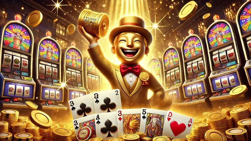 Permainan video slot dengan reel dan efek visual bertema